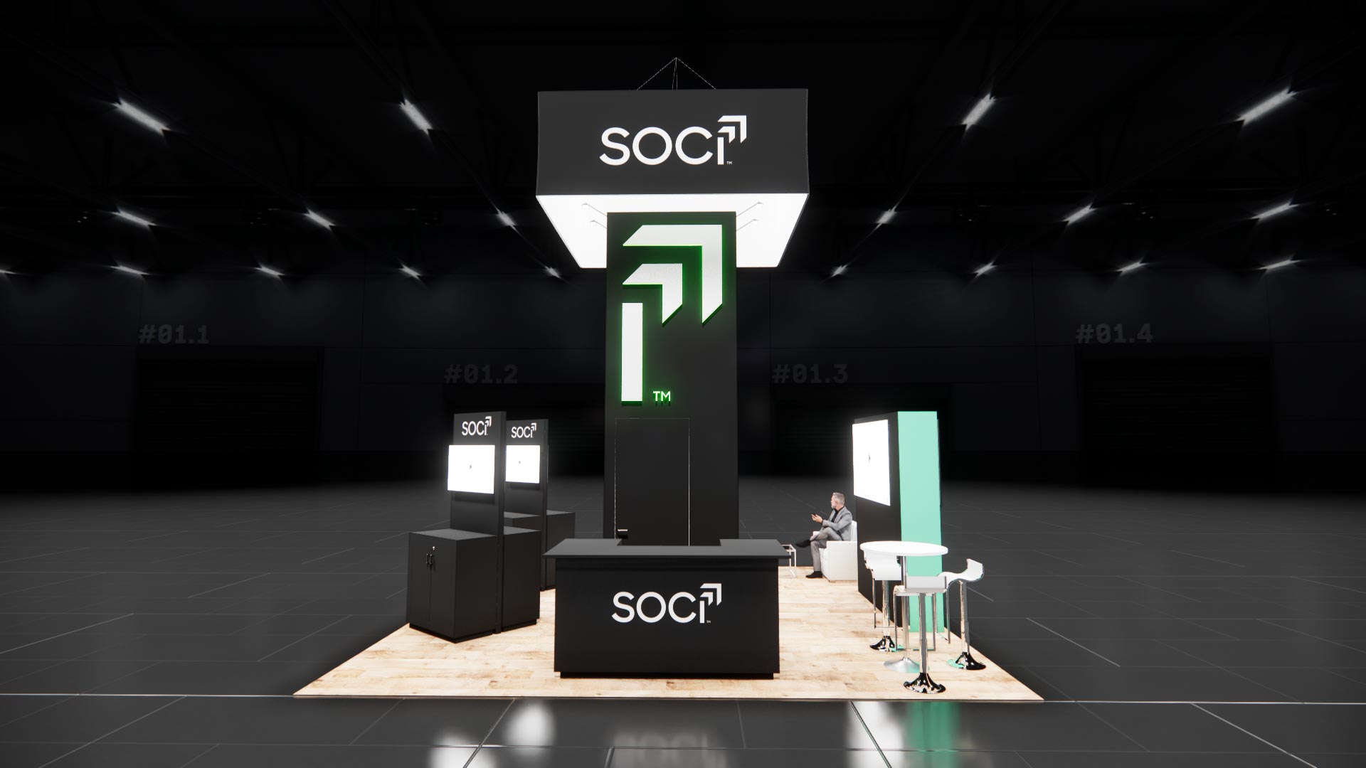 20x20 trade show booth rental with hanging sign and reception counter